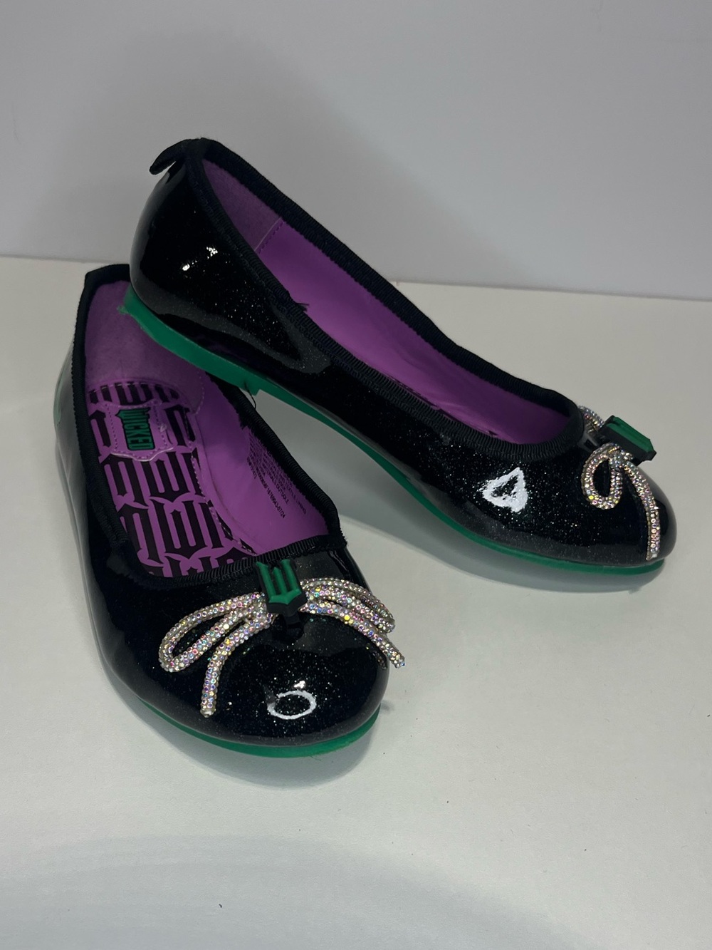 Wicked Theme Black Ballet Flats Girls Size 1 Gem Bow - Dress shoes or Halloween